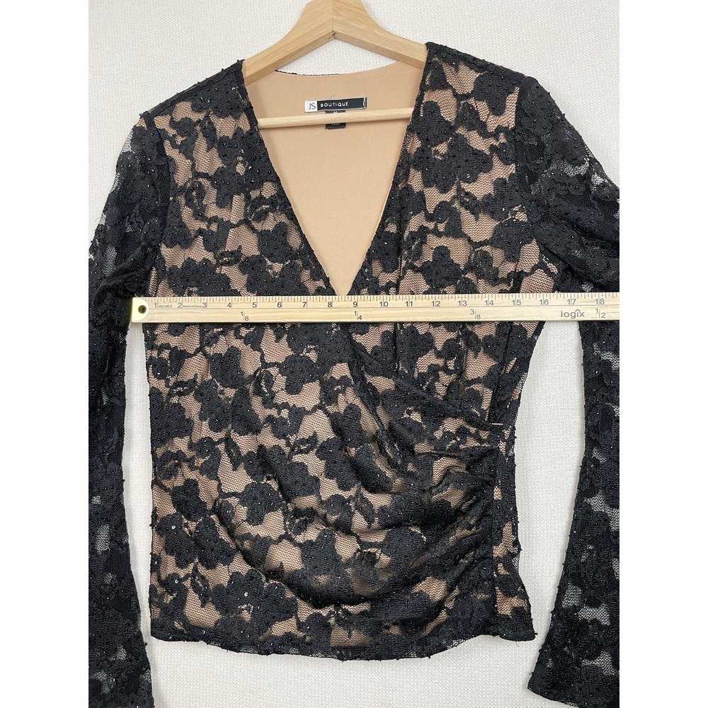 JS BOUTIQUE Lace Overlay Blouse M Sequins Faux-Wrap Mesh Top Evening Romantic - Picture 5 of 14
